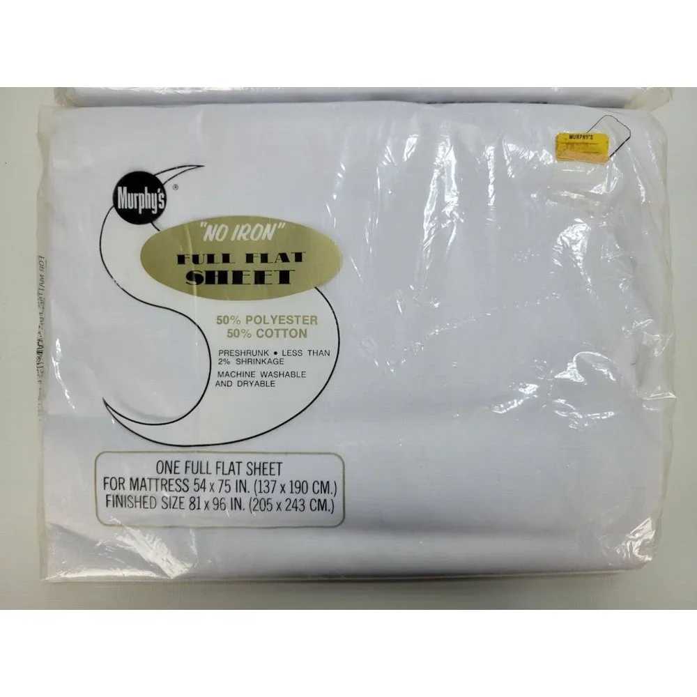 2‎ Vintage NIP Murphy's White Full Flat Sheets 50/50 Cotton Polyester